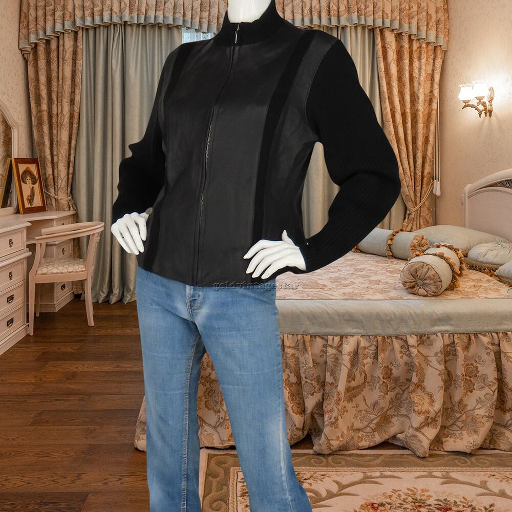 Worthington Black Leather Knit Zip Jacket L Chic Sophisticate